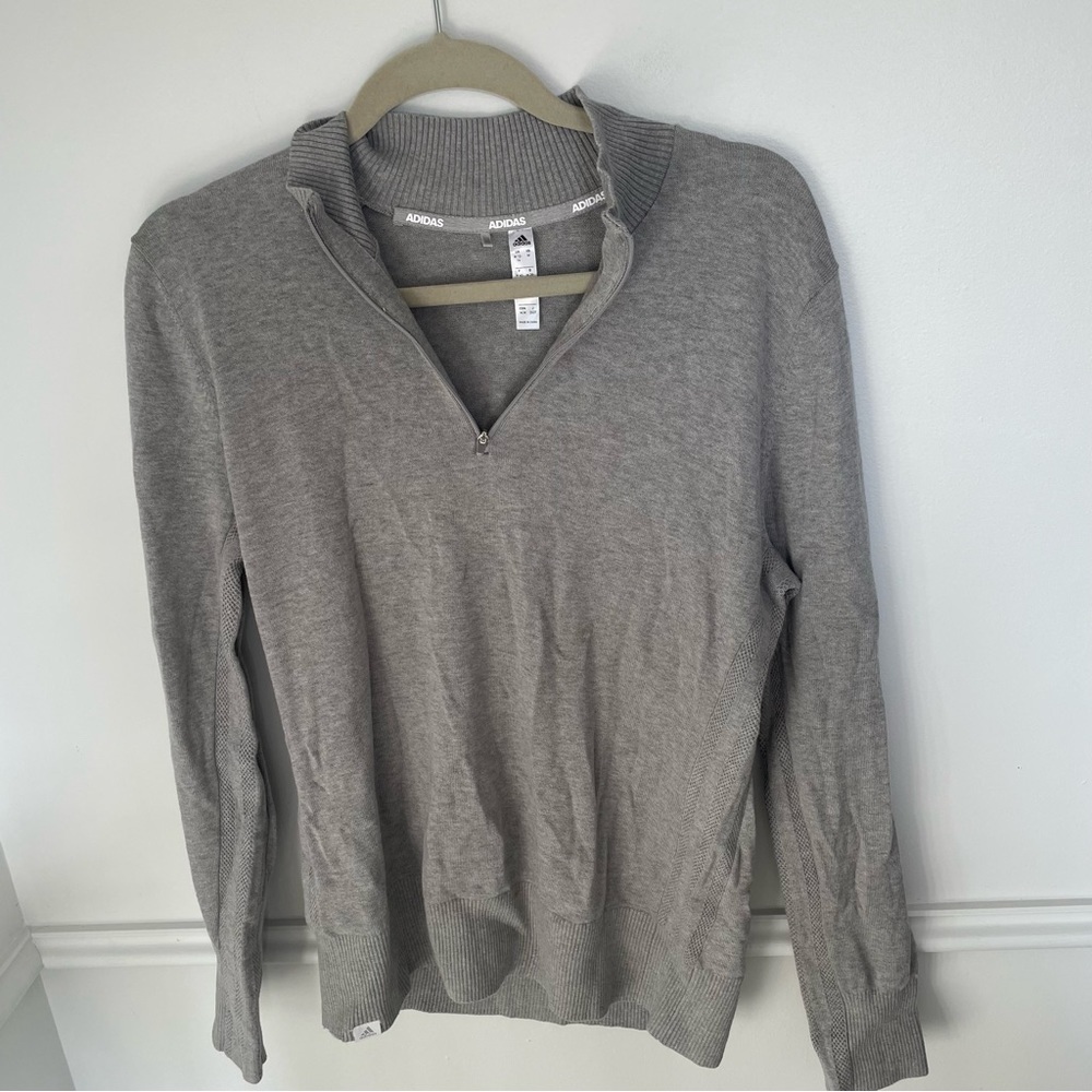 Adidas 100% Cotton Knit 3 Stripe Grey Golf Crewneck Quarter Zip Sweater Medium - Picture 2 of 11
